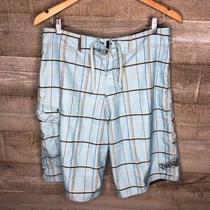 Quiksilver men 32 waist blue plaid cargo swim trunks